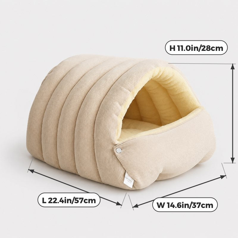 Corduroy Frenchie Cave Bed dimensions: 57 x 37 x 28 cm / 22.4 x 14.6 x 11.0 in