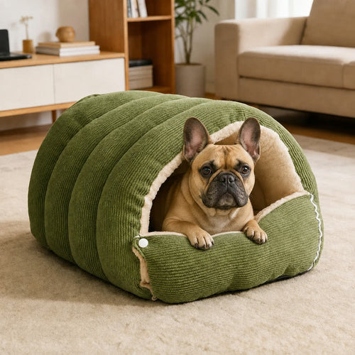 Fawn French Bulldog lying inside the green Corduroy Frenchie Cave Bed