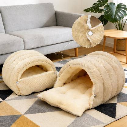 Beige cave bed shown closed and snapped open into a flat mat, with snap button detail