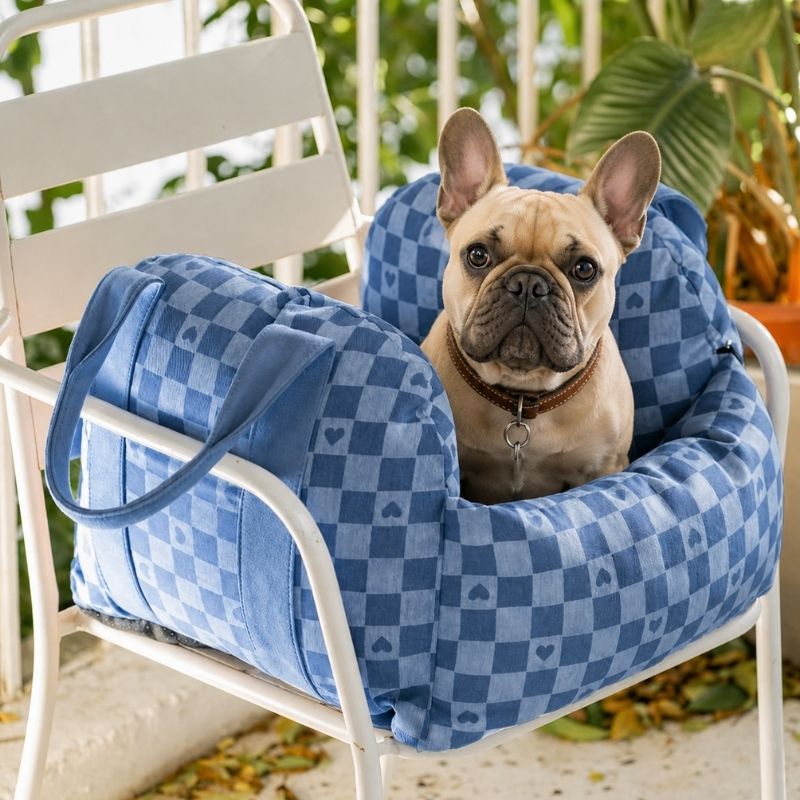 Heart Chequerboard Frenchie Car Seat Bed