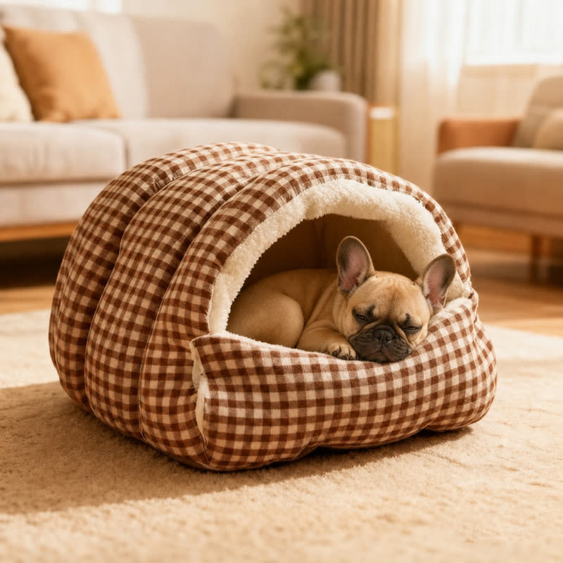 Fawn French bulldog curled up asleep in the brown plaid cave bed