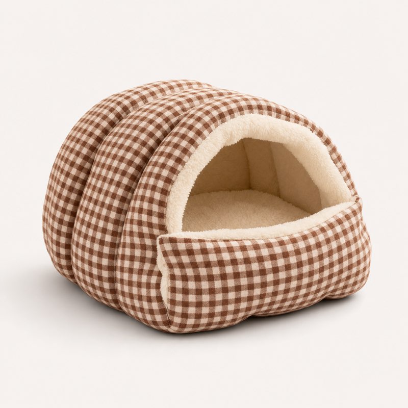 Brown plaid Frenchie cave bed with cream sherpa lining
